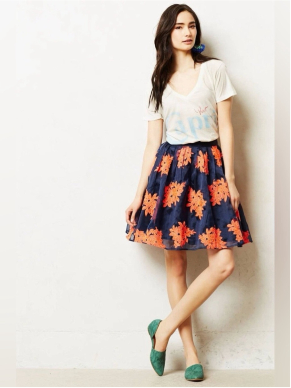 Maeve Anthro Navy Orange Floral Skirt A-Line Tulle Lined Preppy Feminine Size 0